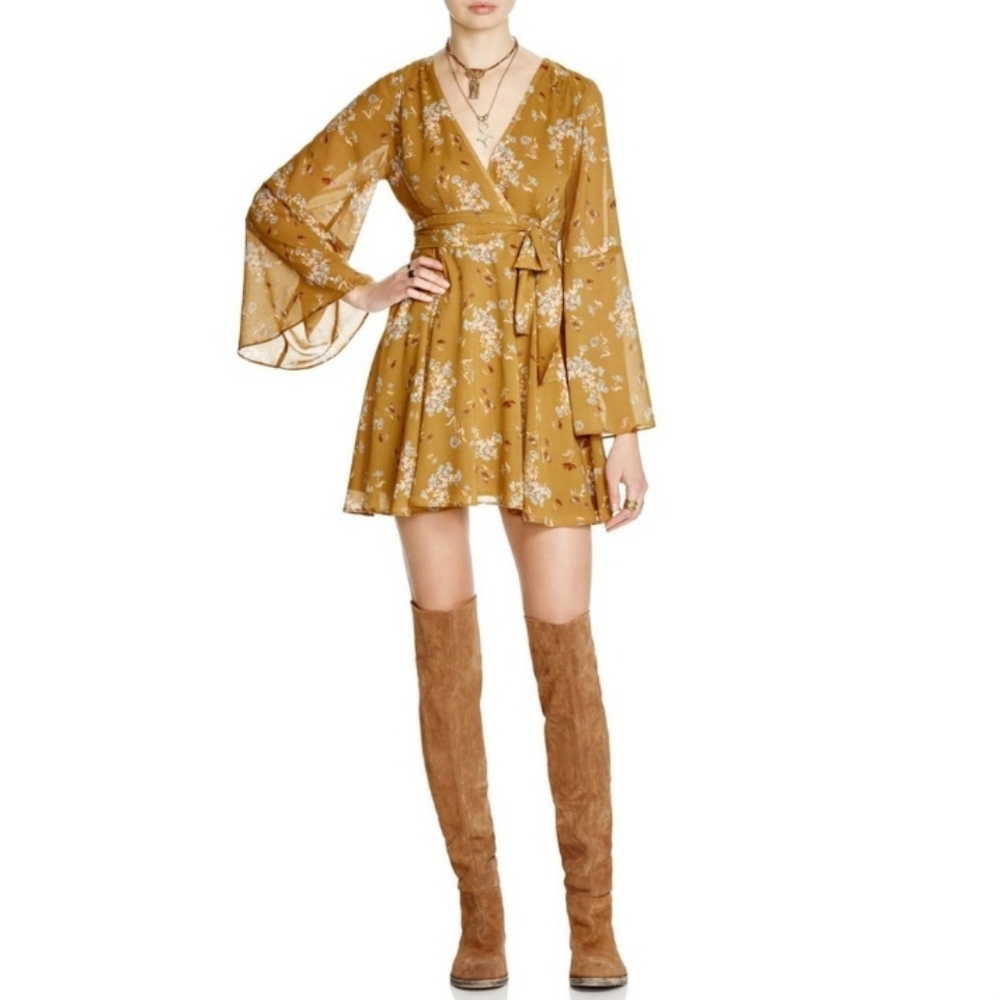 Free People Lilou Toffee Floral Bell Sleeve Dress Sx XS - Picture 10 of 11